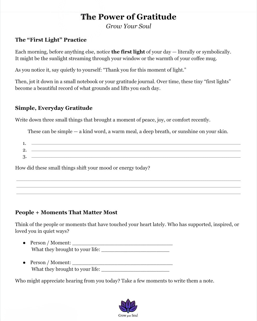 Gratitude practice worksheet titled 'The Power of Gratitude' with prompts and space for reflection.